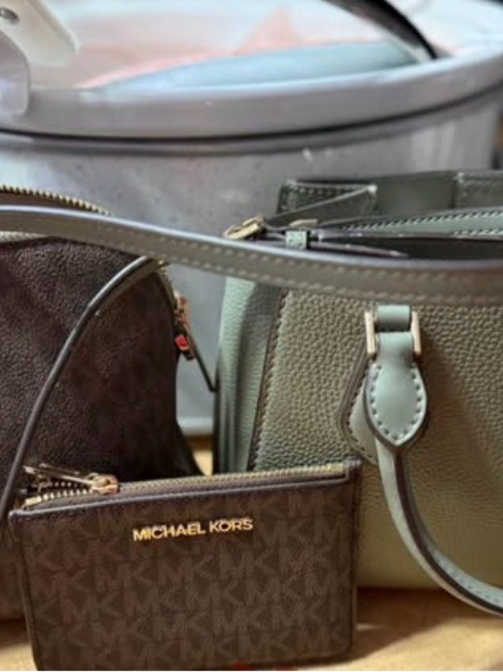Michael Kors Green Pebbled Leather Satchel with Brown Logo Card Case
